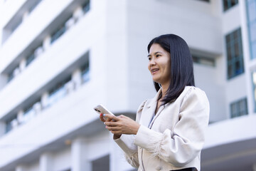 Future remote work combines technology smart phone connection online white digital business woman...