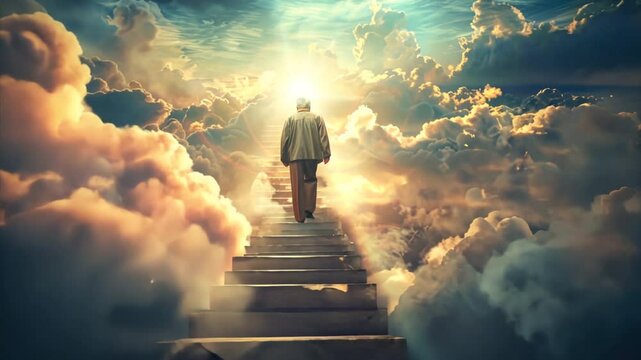 Old man walking up the stairs among clouds in the sky to shining bright light symbolizing heaven or Christian paradise. Life end and time passing concept
