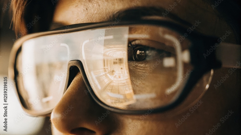 Poster a closeup of a users eyes focused intently on a holographic interface expressing engagement as they 