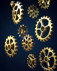 Abstract arrangement of golden gears representing teamwork, industrial design, and innovation, conveying precision and connectivity in a modern industrial style.

