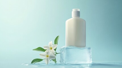Refreshing Coolness:  A Luxurious Skincare Product on Ice with Delicate White Flowers