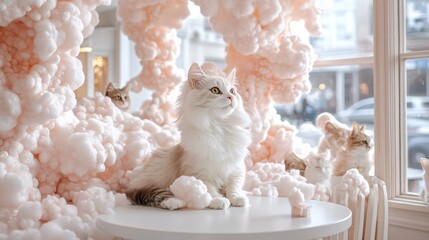 Elegant Cats in Artistic Setting with Soft Pastel Colors and Cozy Atmosphere