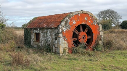 Fototapeta premium Rusty water wheel, stone shelter, rural field, overcast sky, historical relic