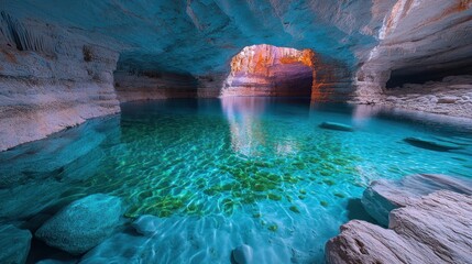 Crystal-clear cave pool, sunlight, rocks, Brazil, adventure