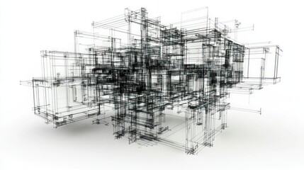 Abstract Architectural Wireframe Rendering: A 3D Model of an Intricate Structure