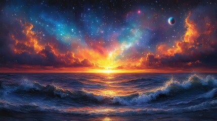 Cosmic sunset ocean waves, starry sky, fantasy art, game background