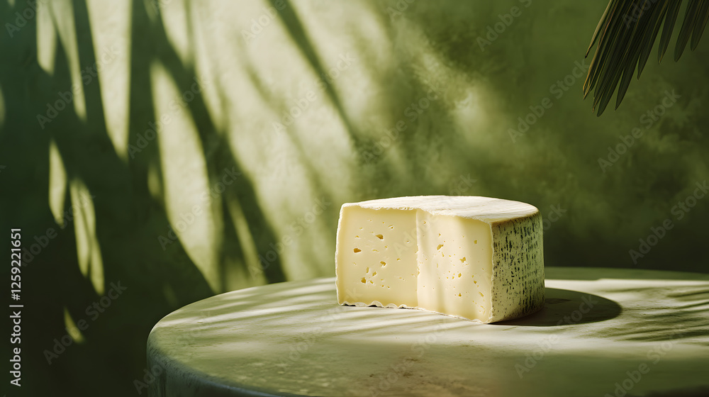 Poster artisan cheese on a table with soft shadows in a serene green setting