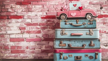 Vintage Suitcases Stacked with Pink Toy Car & Valentine's Decor against Brick Wall