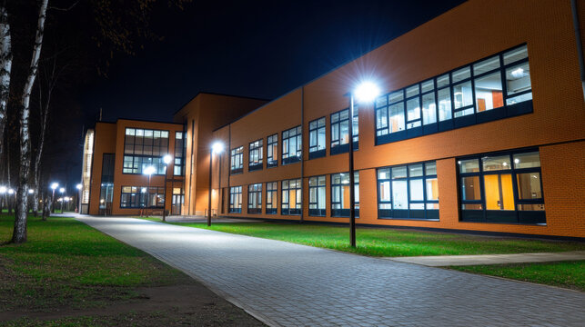 modern school building illuminated at night, showcasing its architecture and surrounding pathway