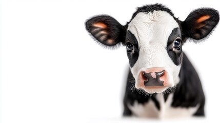Close-up of a cute black and white calf with large bright eyes looking at the camera against a white background. Generative AI