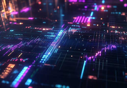 Futuristic data streams, city network, glowing graphs, digital interface