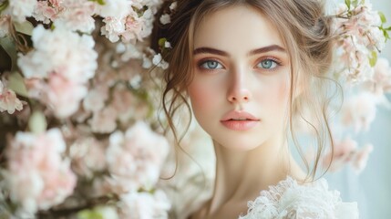 Fototapeta premium Beautiful Young Woman Surrounded by Blossoming Flowers with Soft Light and Dreamy Expression and Natural Makeup