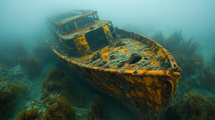 Sunken yellow boat rests on ocean floor, seaweed background, underwater exploration