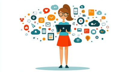 Focused Young Woman with Glasses Engaged with a Tablet Surrounded by Colorful Digital Icons Representing Technology and Communication in a Bright and Modern Workspace Setting