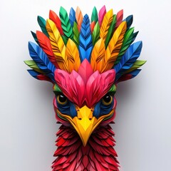 Obraz premium A vibrant, colorful bird sculpture featuring an elaborate feathered crest, showcasing artistic craftsmanship and creativity.