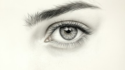 Close-up grayscale eye sketch,  soft background, beauty ad
