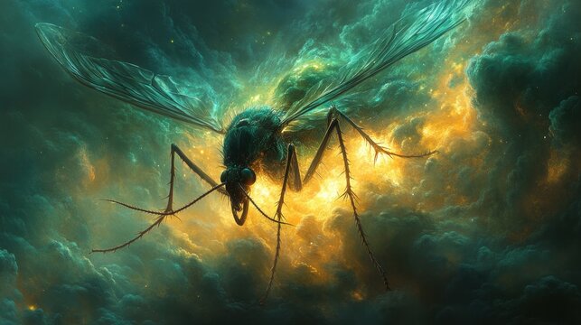 Giant mosquito cosmic flight, nebula backdrop, fantasy art - Powered by Adobe