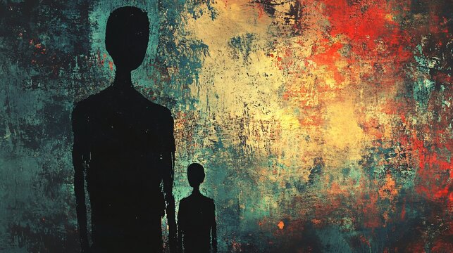 Two faceless figures standing against grunge background
