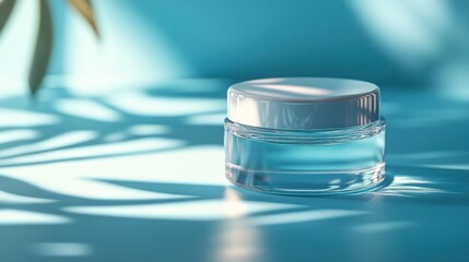 Clear Skincare Cream Jar with Blue Background and Shadow Patterns from Leaves for Spa or Beauty Products
