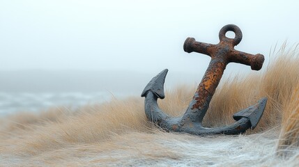 Rusty anchor in coastal grass, foggy sea background, hope concept