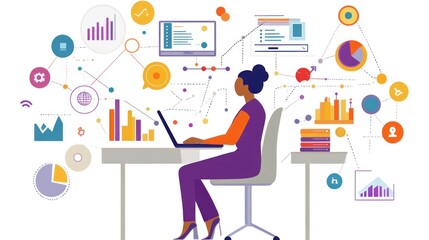 Fototapeta premium Woman Analyzing Data Colorful Charts Graphs Laptop Workspace