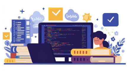 Woman Coder Studying Code Laptop Books Checkmarks