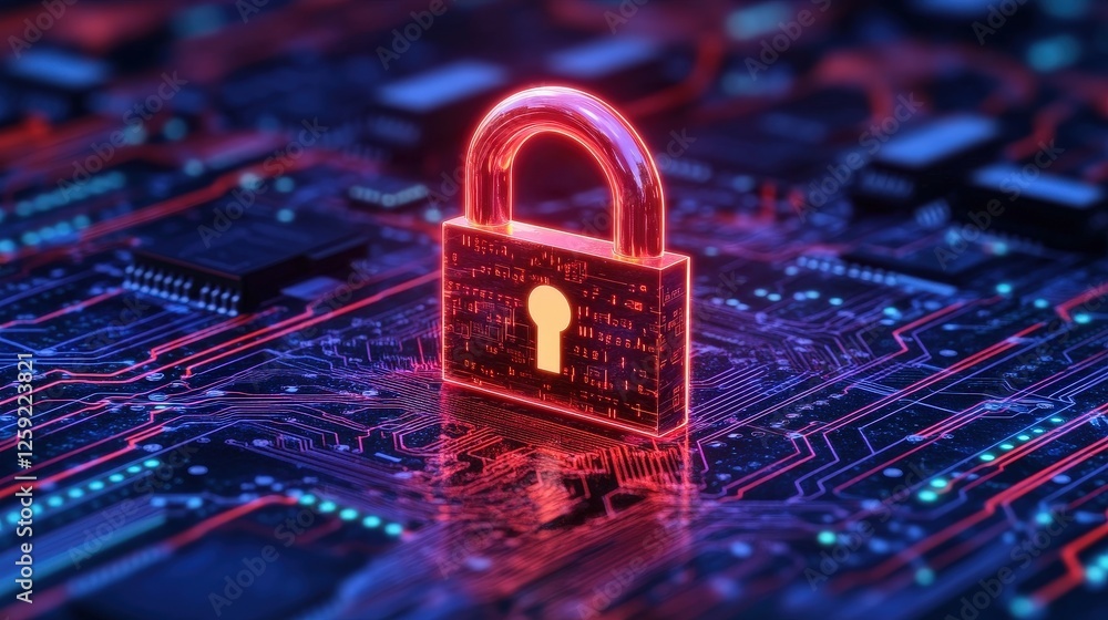Poster digital encryption lock virtual environment 3d render cybersecurity futuristic technology concept