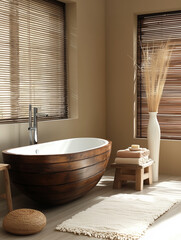 Minimalist interior design of modern spa-inspired bathroom with wooden bathtub
