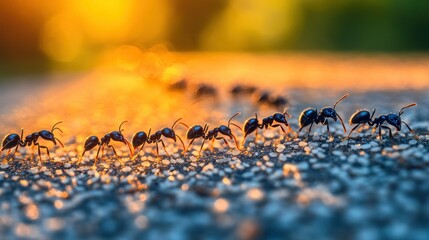 Ants marching sunset trail teamwork nature background