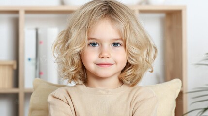 Naklejka premium Little girl portrait, indoors, smiling, neutral background, possible use in children's books or social media