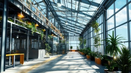 Modern Glasshouse with Abundant Plants and Bright Sunlight