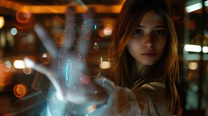 Young woman interacting with futuristic technology in a modern setting