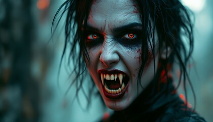 Scary Vampire Woman Screaming with Blood on Face and Sharp Teeth