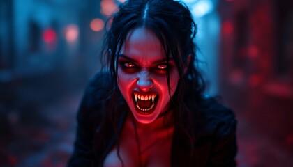 Fierce Vampire Woman Screaming with Sharp Fangs in Dark Alley