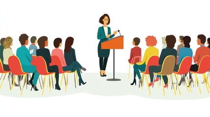 Woman Speaker Addressing Diverse Audience Colorful Chairs Modern Conference