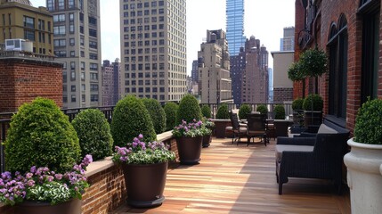 Fototapeta premium Elegant Rooftop Garden with Urban Skyline View in City Landscape