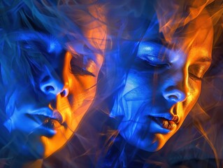 Fototapeta premium Abstract Portraits of Faces in Blue and Orange Showcasing Emotions and Social Masks