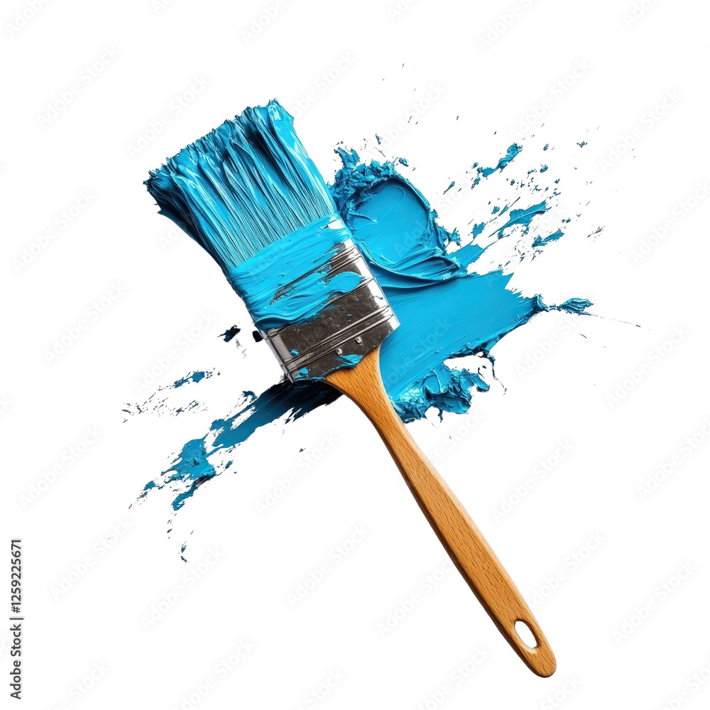 Poster blue paint brush with water splashing on it creating artistic effects in a vibrant setting on white 