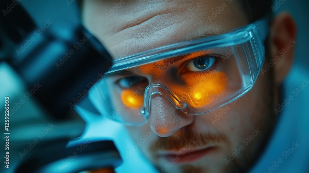 Poster mechanical engineer examining microstructure under microscope in laboratory setting close-up view sc