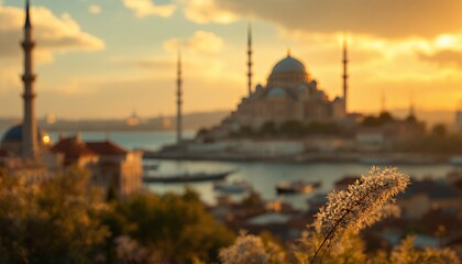 Naklejka premium Golden Hour Over Istanbul Cityscape Featuring Suleymaniye Mosque and Plant