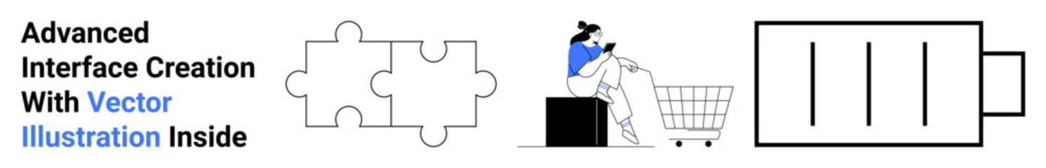 Puzzle pieces, sitting woman with a shopping cart, and a battery icon symbolize creativity, e-commerce, energy, problem-solving, user engagement, online interfaces, flat landing page banner