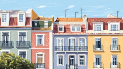 Obraz premium Colorful buildings, sunny day, Lisbon architecture.