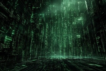 Digital city, green code, vertical lines, futuristic scene
