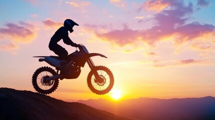 Motorcyclist Silhouette Jumping Dirt Bike at Sunset
