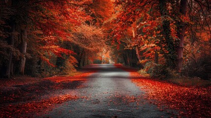 Autumn landscape featuring serene trees with vibrant orange-red foliage