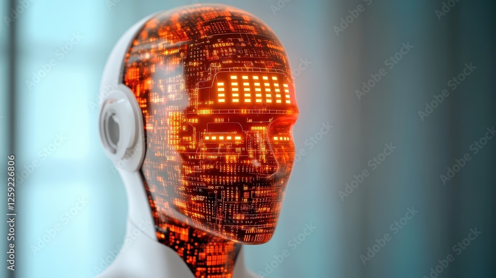 Poster cybernetic head with digital data and agentic ai visuals futuristic tech environment close-up view