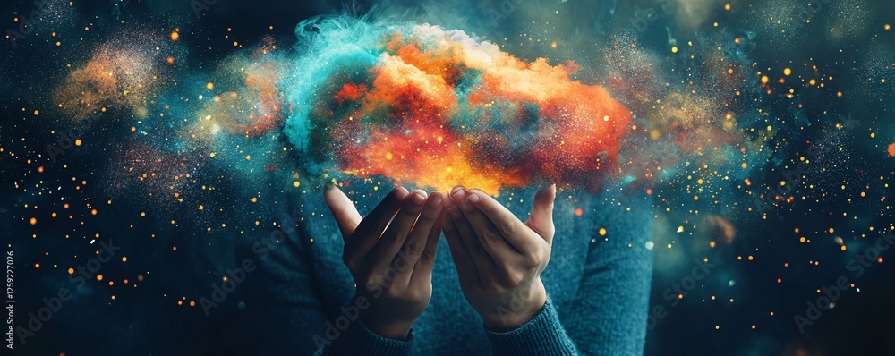 Poster businessman holding colorful cloud computing big data concept