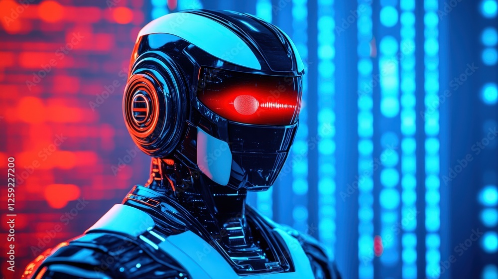 Poster futuristic robotic display urban setting digital art neon environment close-up view innovation and t