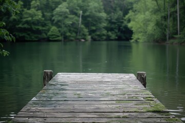 Fototapeta premium Peaceful wooden pier by a tranquil lake surrounded by lush forest