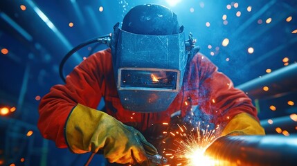 Underwater welding action deep-sea pipeline repairs industrial environment focused perspective skilled craftsmanship